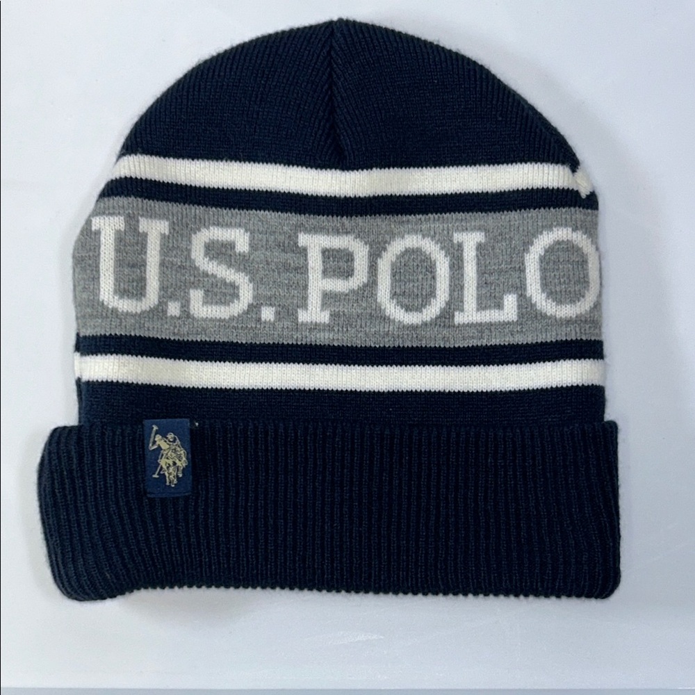 US Polo ASSN Beanie Toque Adult One Size Blue Gray Stripe Knit Polyester Pony